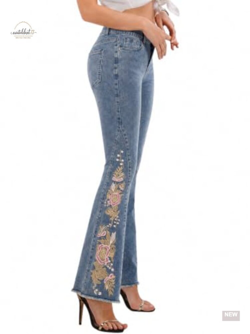 Womens Floral Embroidered Flare Jeans High Stretch Denim Pants